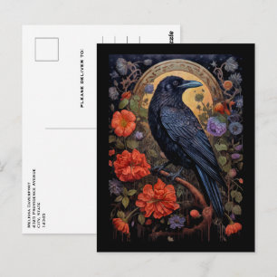 Postal Cuervo negro con diseño gótico de flores