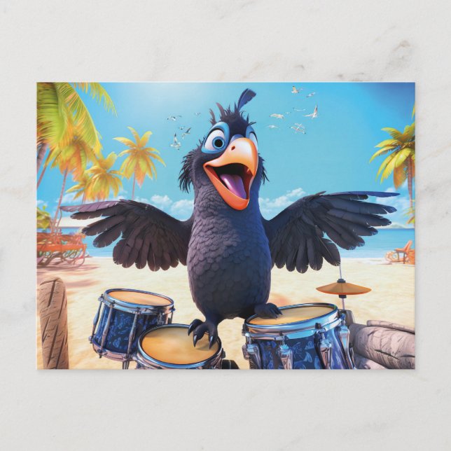 Postal Cuervo tocando la batería en una playa tropical (Anverso)