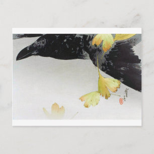 Postal Cuervo y hojas de ginkgo, Watanabe Seitei