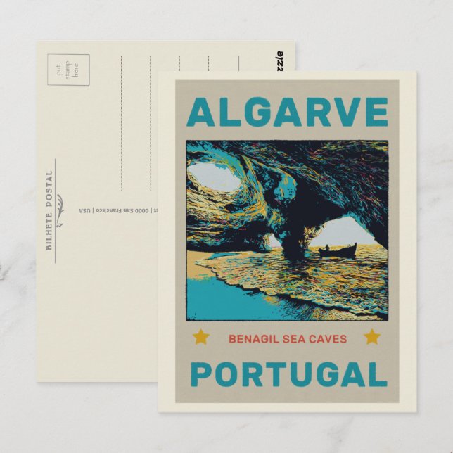 Postal Cuevas de Benagil ilustracion Algarve Portugal (Anverso / Reverso)
