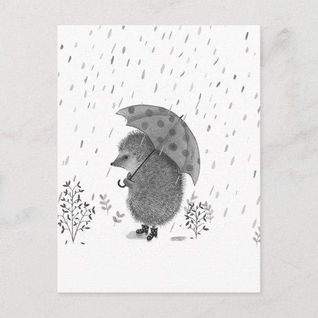 Postal Cuidada acuarela Hedgehog Rainy Day Whimsical (Anverso)