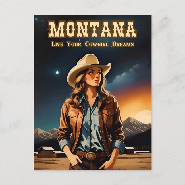 Postal Cuidada artista noche Sky Montana Cowgirl (Anverso)