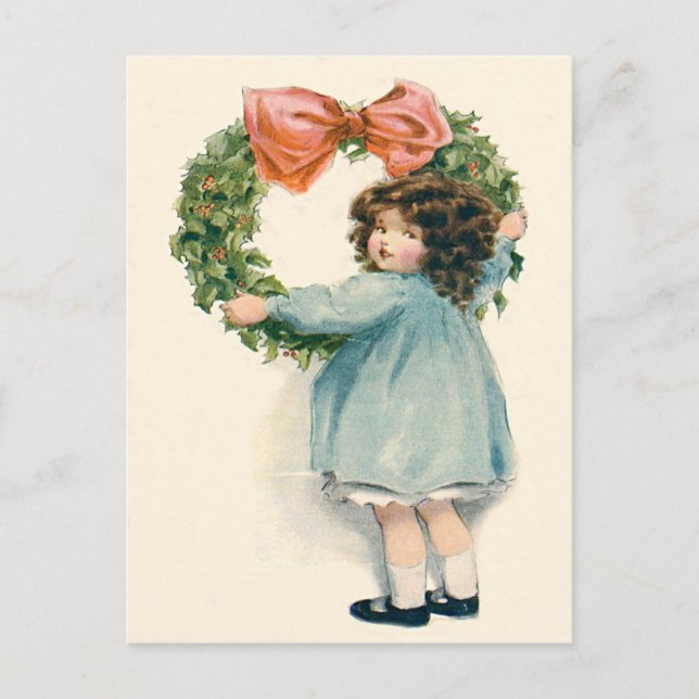 Postal Cuidada Niña Holly Wreath Pink Bow (Anverso)