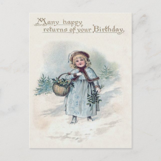 Postal Cuidada Niñita Holly Nieve Evergreen Cesta (Anverso)