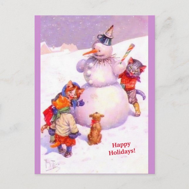 Postal Cuidados gatos y fabulosa copia de Snowman Purple  (Anverso)