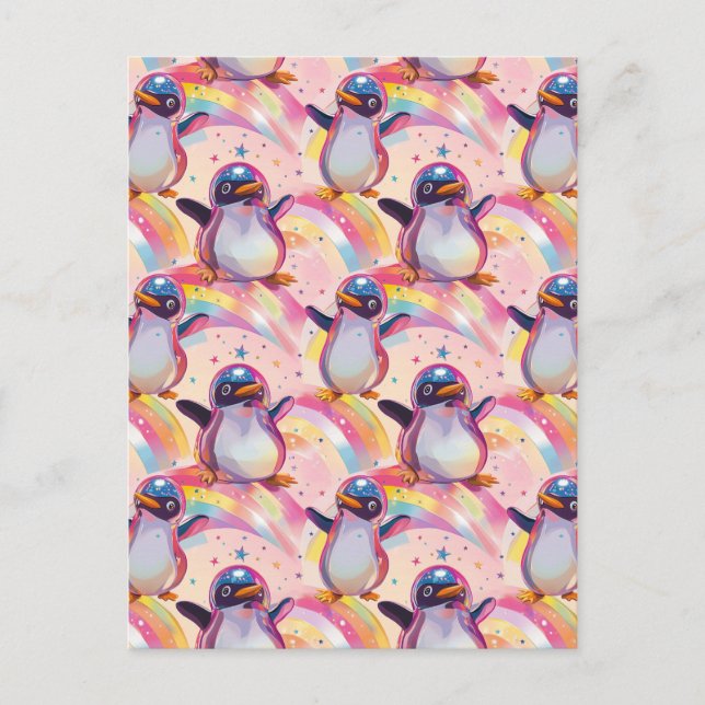 Postal Cuidados pingüinos arcoiris y patrón de estrellas (Anverso)