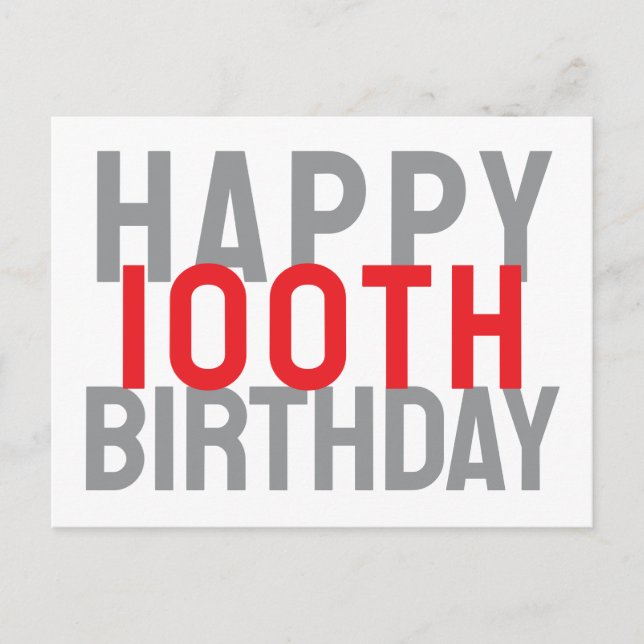 Postal Cumpleaños 100 Rojo Gris Blanco Moderno Feliz (Anverso)