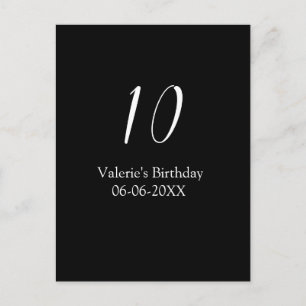 Postal cumpleaños 10 nombre fecha caligrafía blanco negro