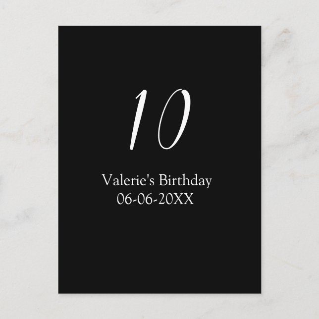 Postal cumpleaños 10 nombre fecha caligrafía blanco negro (Anverso)