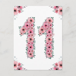 Postal Cumpleaños 11 años flores rosadas niña follaje ver