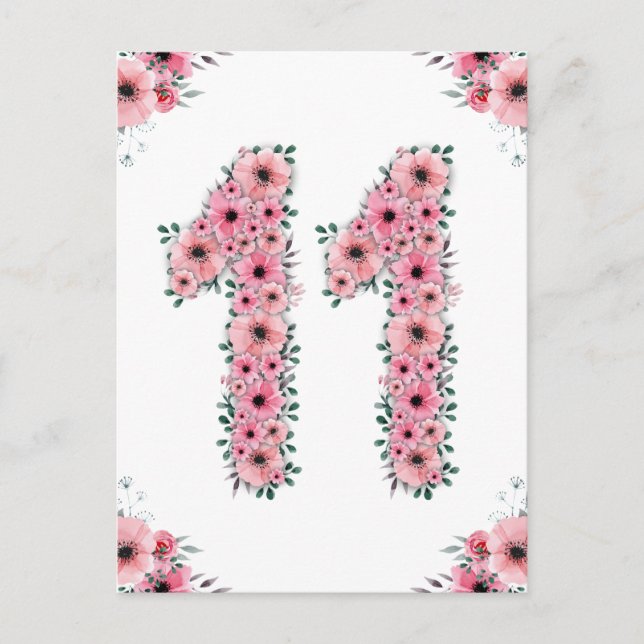 Postal Cumpleaños 11 años flores rosadas niña follaje ver (Anverso)