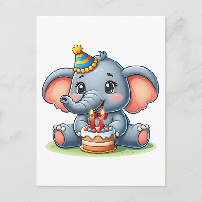Postal Cumpleaños 11 de elefante lindo (Anverso)
