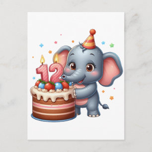 Postal Cumpleaños 12 de elefante lindo