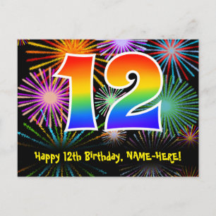 Postal Cumpleaños 12 – Patrón Divertido de Fuegos Artific