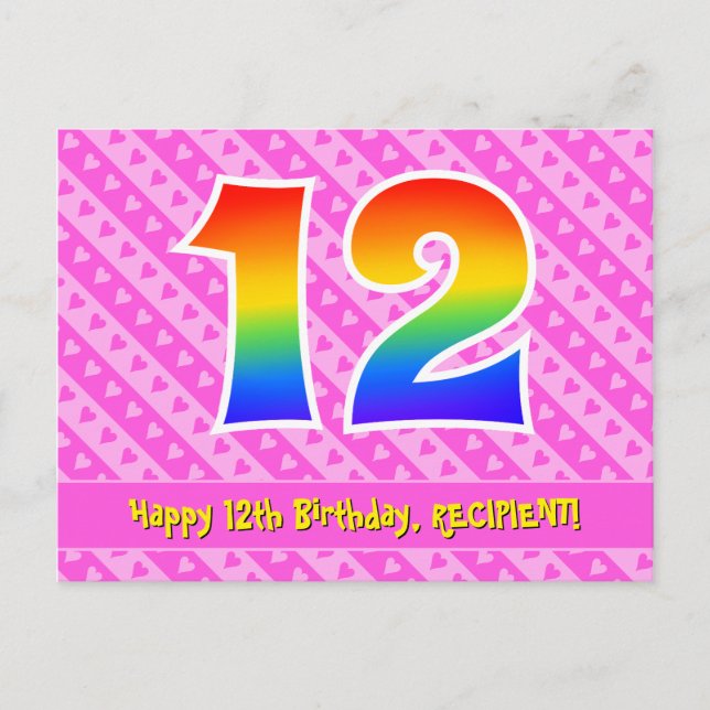 Postal Cumpleaños 12: Rayas rosadas y corazones, Arcoíris (Anverso)
