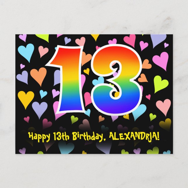 Postal Cumpleaños 13: Estampado de Corazones Divertidos,  (Anverso)