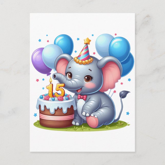 Postal Cumpleaños 15 de elefante lindo (Anverso)
