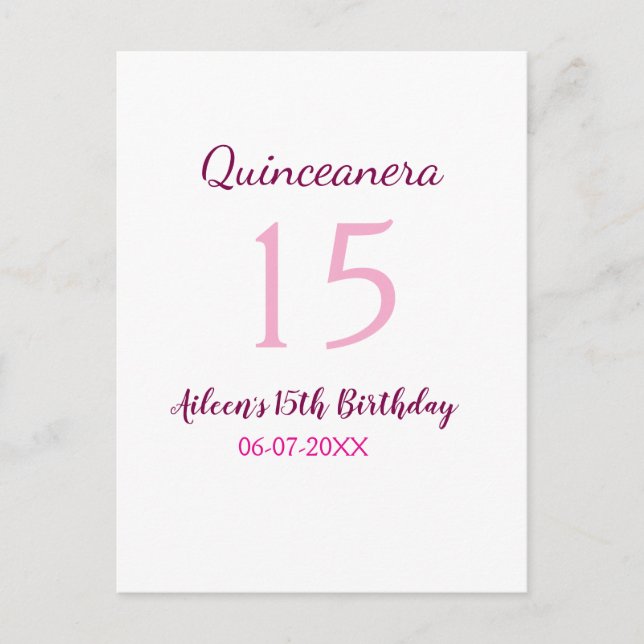 Postal Cumpleaños 15 de hada rosa simple quinceañera mode (Anverso)
