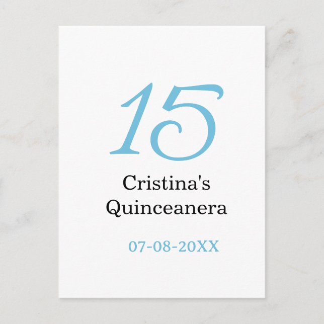 Postal cumpleaños 15 de quinceañera azul negro letra negr (Anverso)