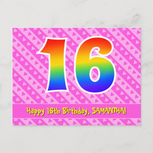 Postal Cumpleaños 16: Rayas rosadas y corazones, Arcoíris (Anverso)