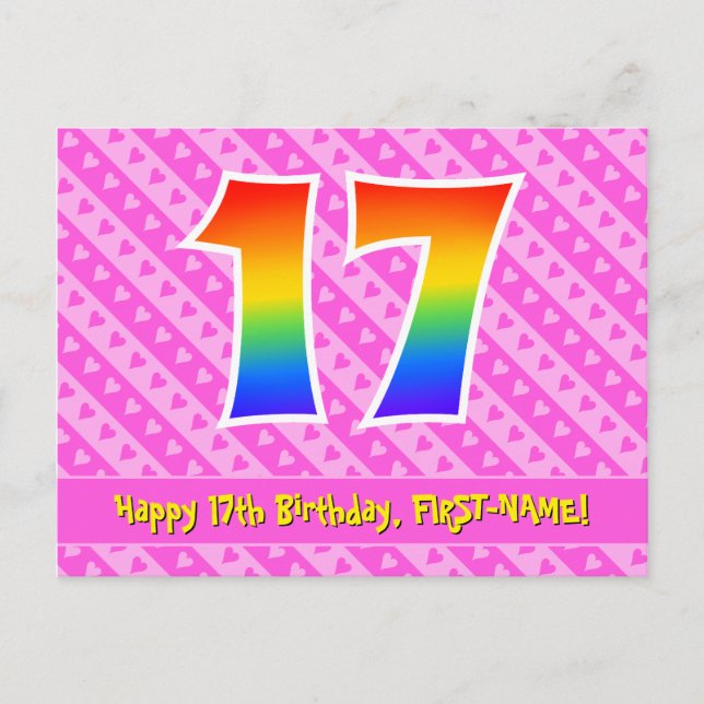 Postal Cumpleaños 17: Rayas rosadas y corazones, Arcoíris (Anverso)