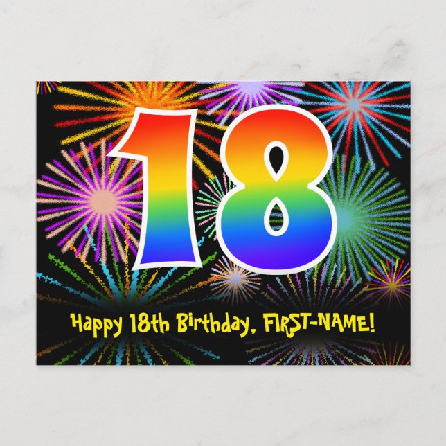 Postal Cumpleaños 18 - Patrón Divertido de Fuegos Artific (Anverso)