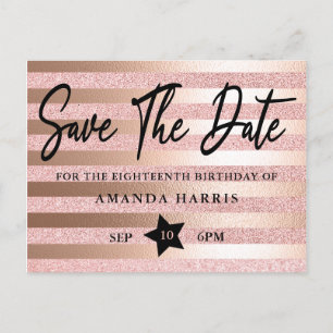 Postal Cumpleaños 18 Rose Gold Glitter Save The Date