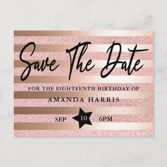 Postal Cumpleaños 18 Rose Gold Glitter Save The Date (Anverso)