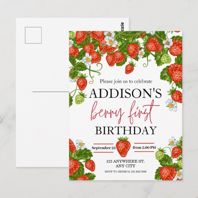Postal Cumpleaños 1 Cumpleaños Simple Rojo Azul Bayas Dul (Anverso / Reverso)