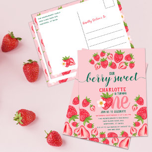 Postal Cumpleaños 1 de Fresa Fiesta Rosa Dulce de Frutas
