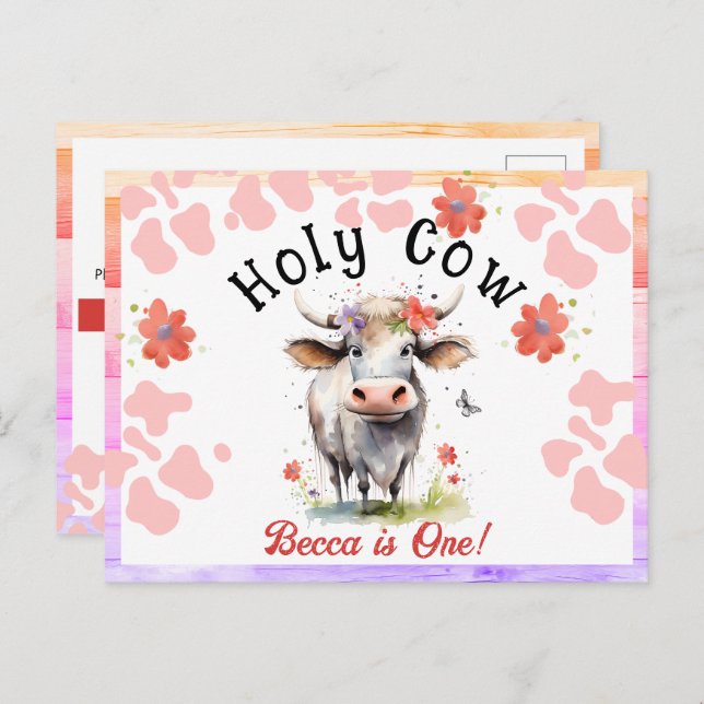 Postal Cumpleaños 1 de Santa Vaca Acuarela Niña (Anverso / Reverso)