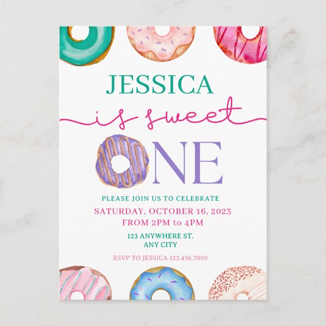 Postal Cumpleaños 1 de Sweet One con donas de acuarela (Anverso)
