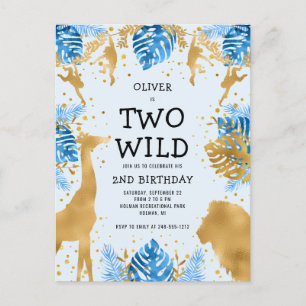 Postal Cumpleaños 2º de niños Safari azul pálido y dorado
