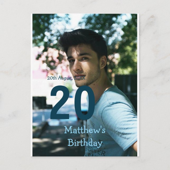 Postal cumpleaños 20 agregar nombre foto fecha hombre azu (Anverso)