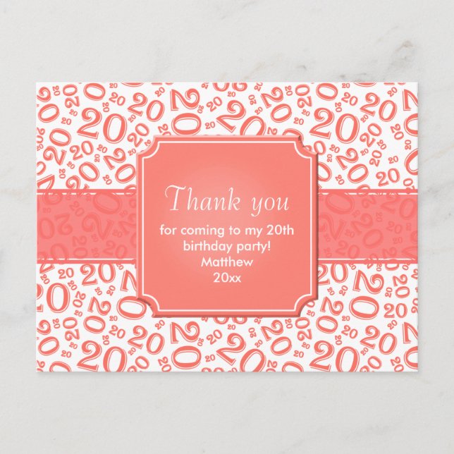 Postal Cumpleaños 20 Número Patrón Coral/Blanco (Anverso)