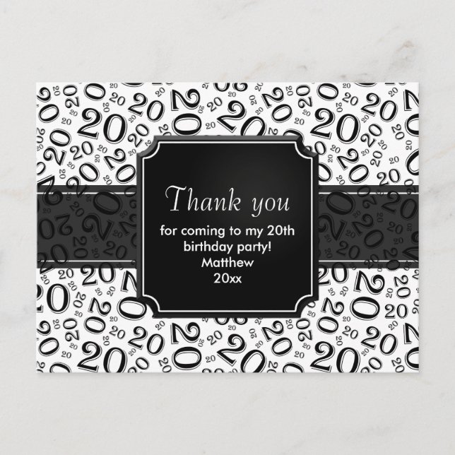 Postal Cumpleaños 20 Número Patrón Negro/Blanco (Anverso)
