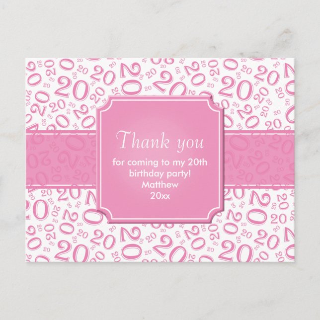 Postal Cumpleaños 20 Número Patrón Rosa/Blanco (Anverso)