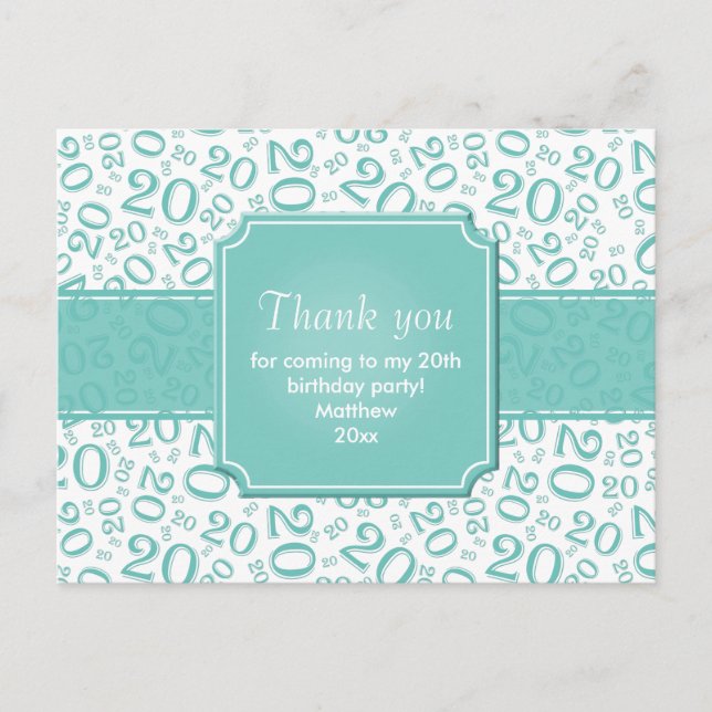 Postal Cumpleaños 20 Número Patrón Teal/Blanco (Anverso)