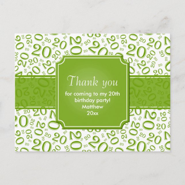 Postal Cumpleaños 20 Número Patrón Verde/Blanco (Anverso)