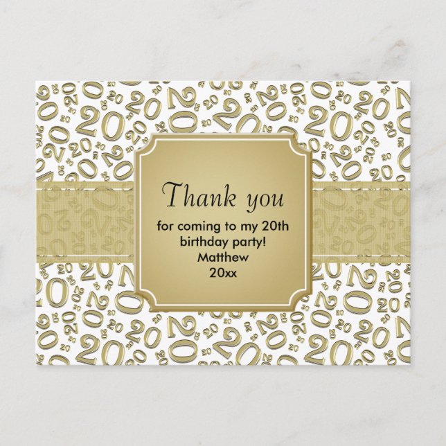 Postal Cumpleaños 20 Patrón de Número Dorado/Blanco (Anverso)