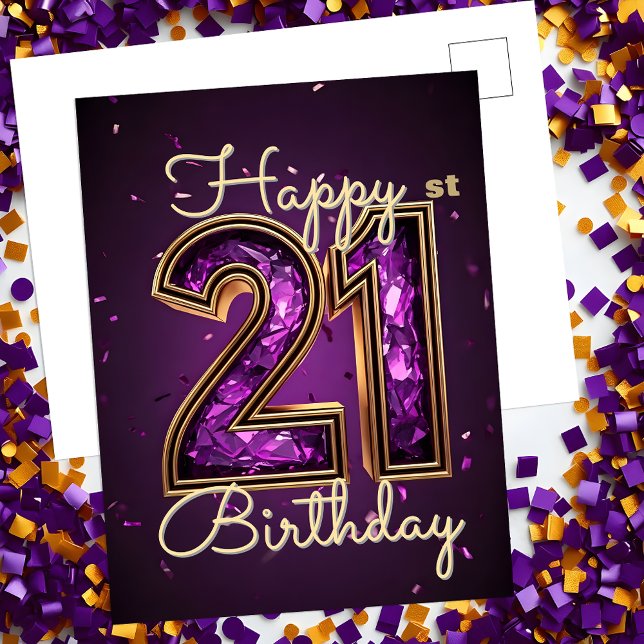 Postal Cumpleaños 21 Brillante Glam Morado y Dorado (Subido por el creador)