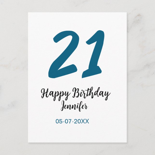 Postal cumpleaños 21 negrita letra azul simple minimalist (Anverso)