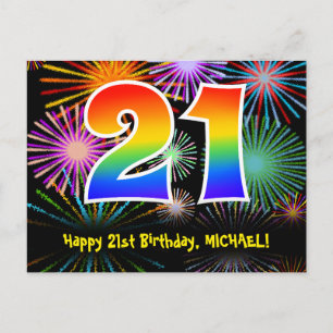 Postal Cumpleaños 21 - Patrón Divertido de Fuegos Artific