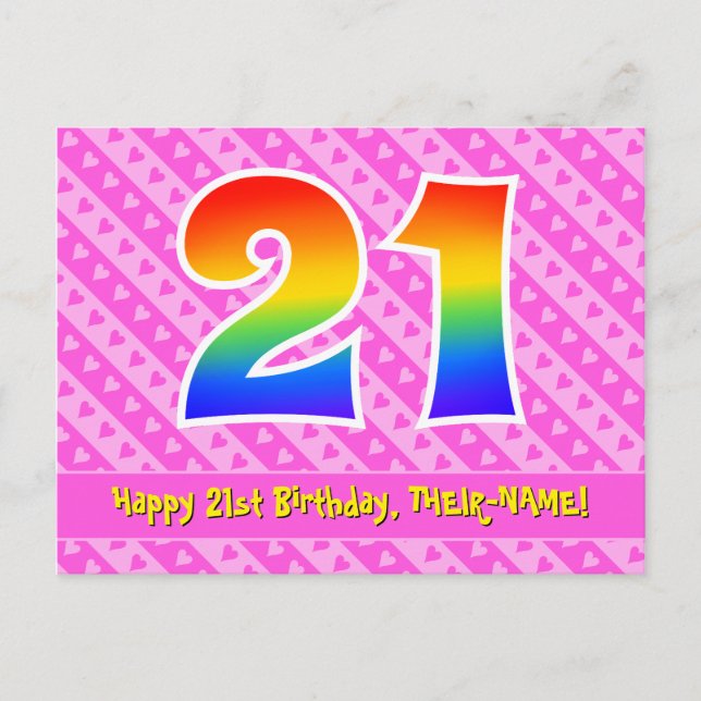 Postal Cumpleaños 21: Rayas rosadas y corazones, Arcoíris (Anverso)