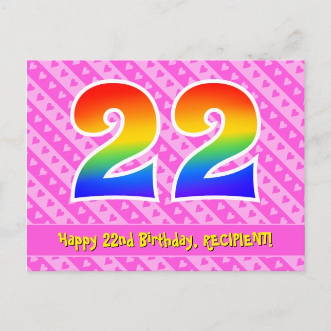 Postal Cumpleaños 22: Rayas rosadas y corazones, Arcoíris (Anverso)