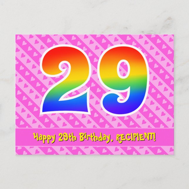 Postal Cumpleaños 29: Rayas rosadas y corazones, Arcoíris (Anverso)