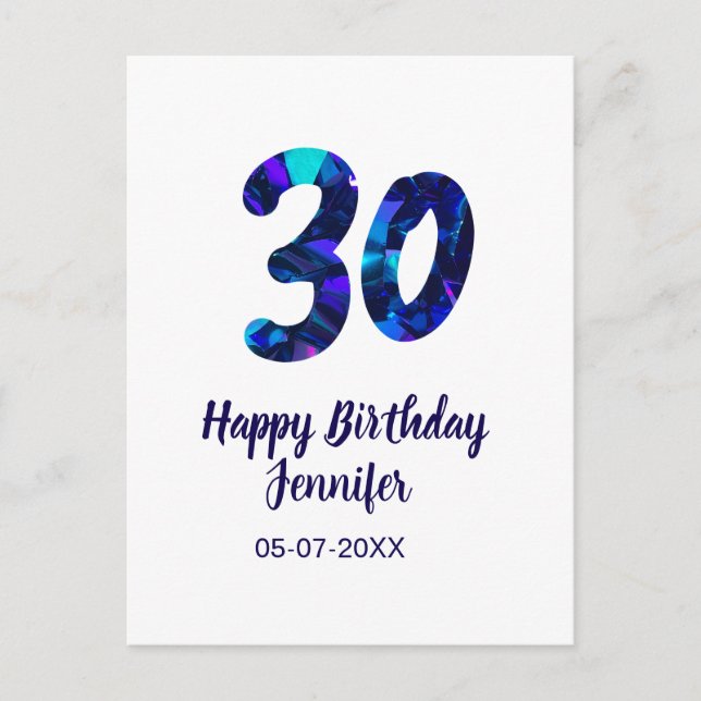 Postal cumpleaños 30 agregar nombre fecha año brillo azul (Anverso)