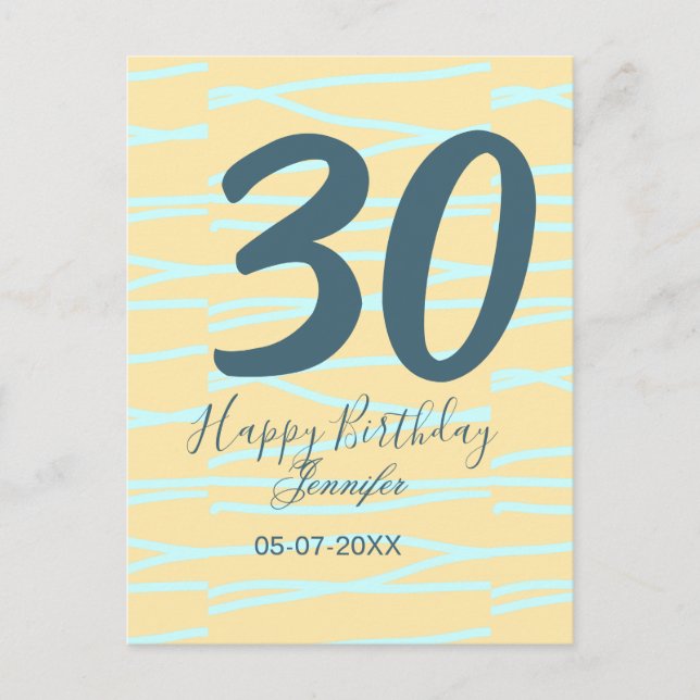Postal cumpleaños 30 añadir nombre fecha año amarillo azu (Anverso)