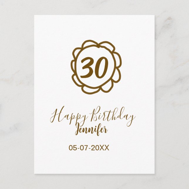 Postal cumpleaños 30 añadir nombre fecha año flor dorada  (Anverso)