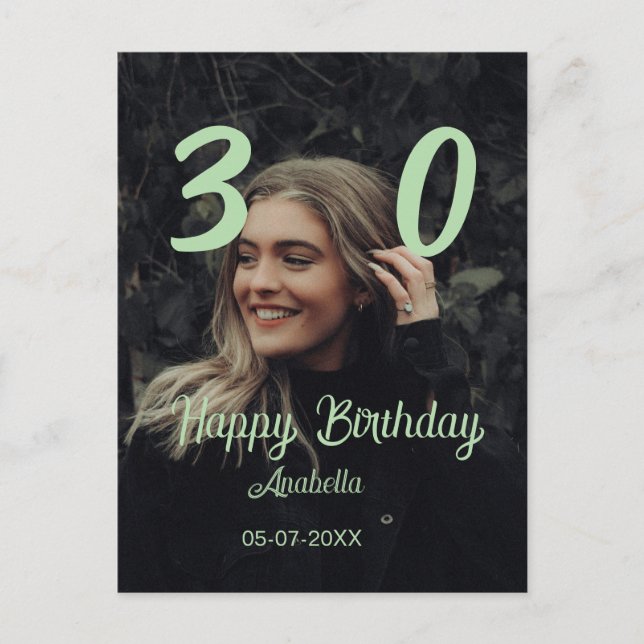 Postal cumpleaños 30 añadir nombre fecha año verde pastel (Anverso)